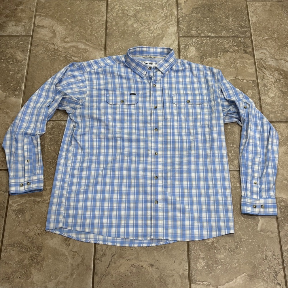Poncho Outdoors Mens XL Regular Fit Plaid Magnetic Pocket Fishing Shirt Blue